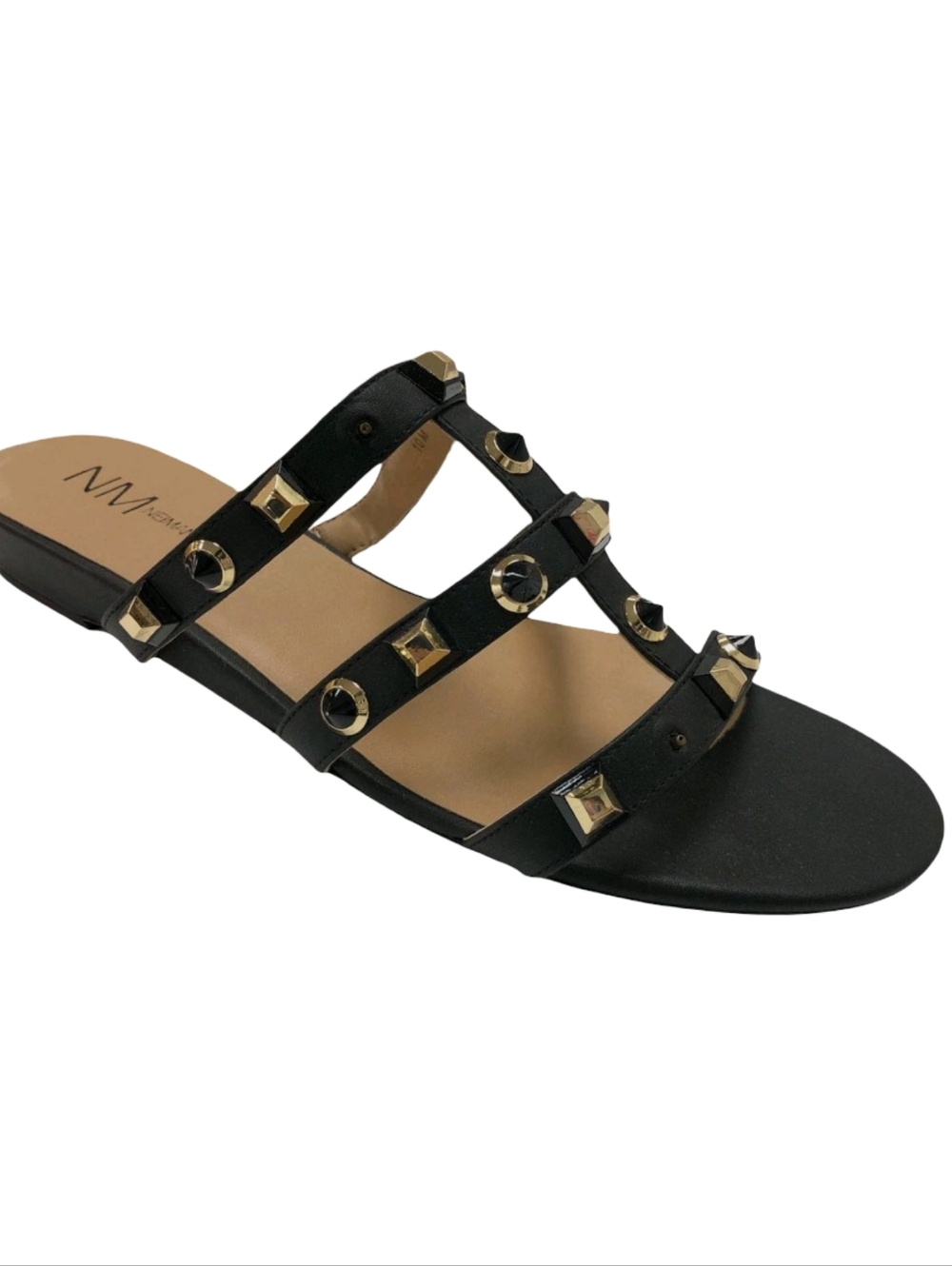 Neiman Marcus Buzzy Studded Leather Slide Sandals Black 5.5